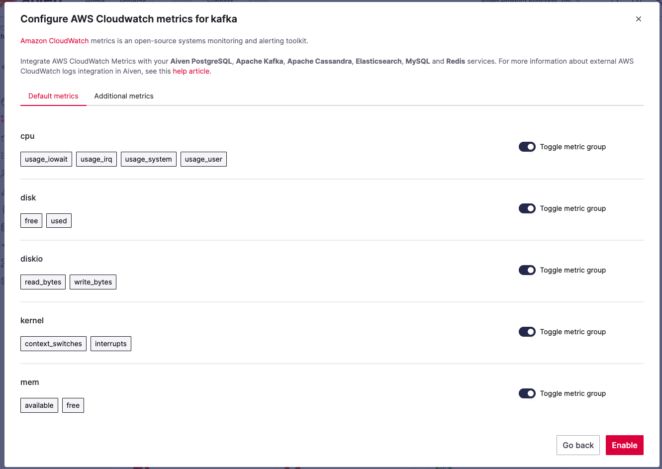 Screenshot of CloudWatch Metrics Aiven list