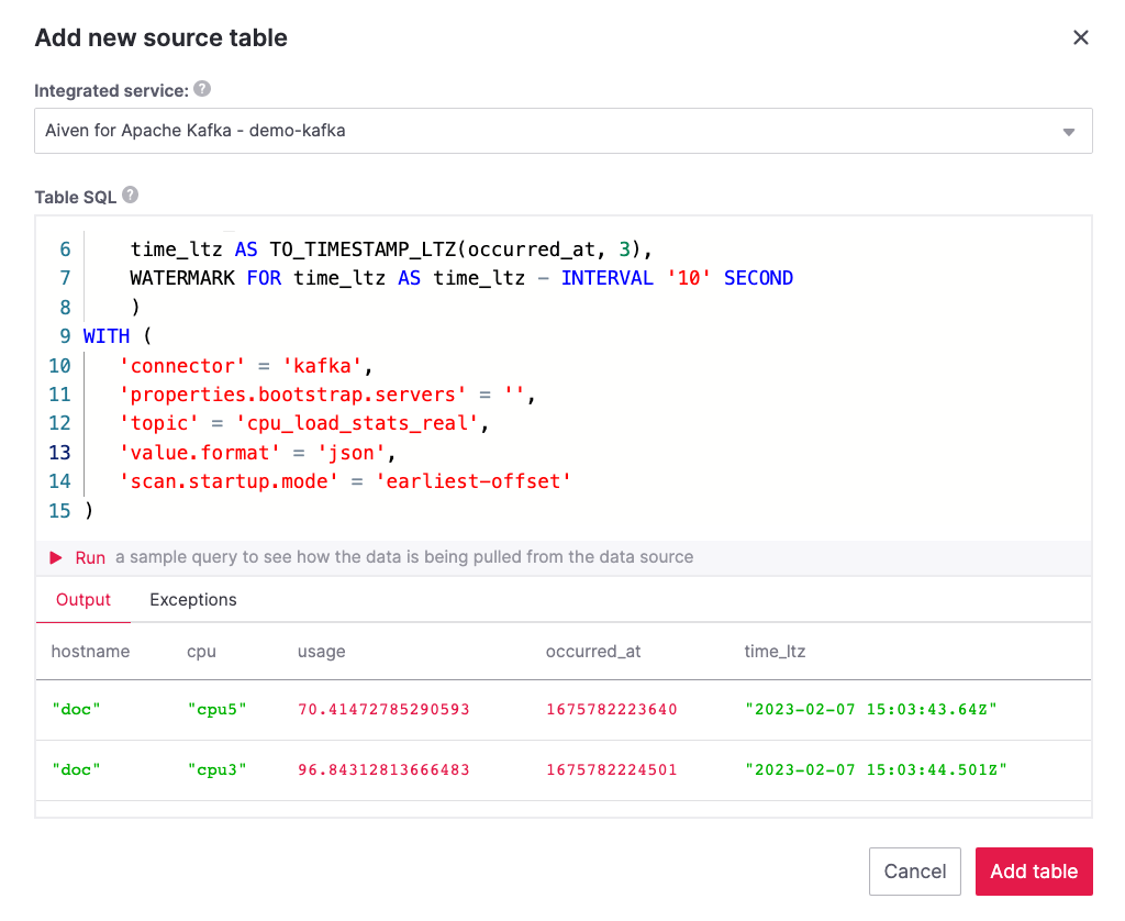 The Apache Flink source definition with SQL preview of the data