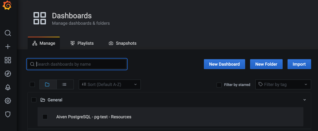 Screenshot of a Grafana Manage Dashboards panel