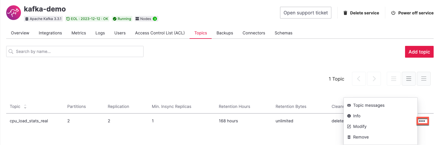 Aiven for Apache Kafka Topic tab, showing the ``cpu_load_stats_real`` topic being created and the location of the ``...`` icon